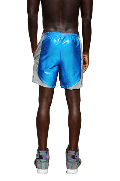 man wearing blue mens party shorts from Love Khaos