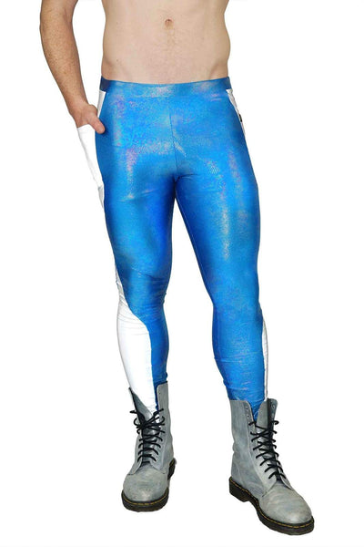 mens blue leggings with reflective pocket panels from Love Khaos