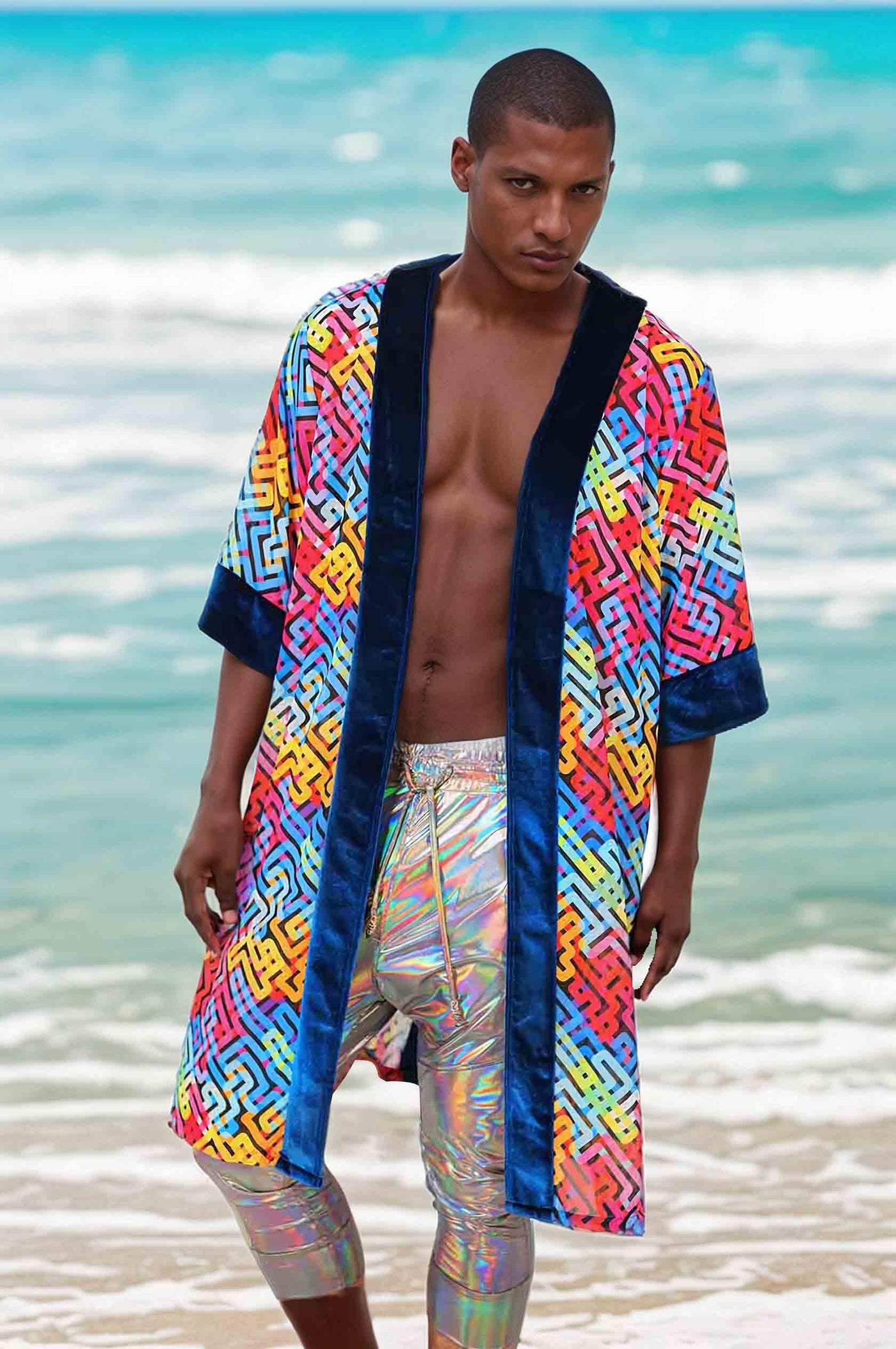 Man wearing colorful kimono from Love Khaos.