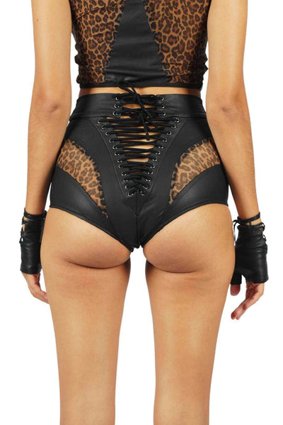 Black High Waist Booty Shorts with leopard mesh panels from Love Khaos