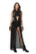 woman wearing an open front black leather maxi dress from Love Khaos