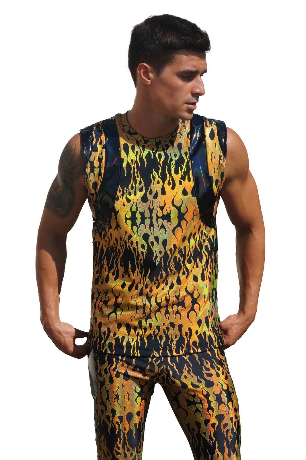 Mens Gold Tank Top with Holographic Flames | Love Khaos