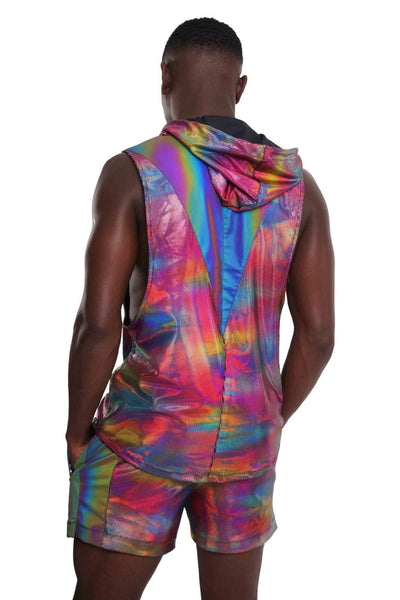 Holographic Rainbow Reflective Mens rave shirt with hood from Love Khaos Mens Festival Clothing Brand.