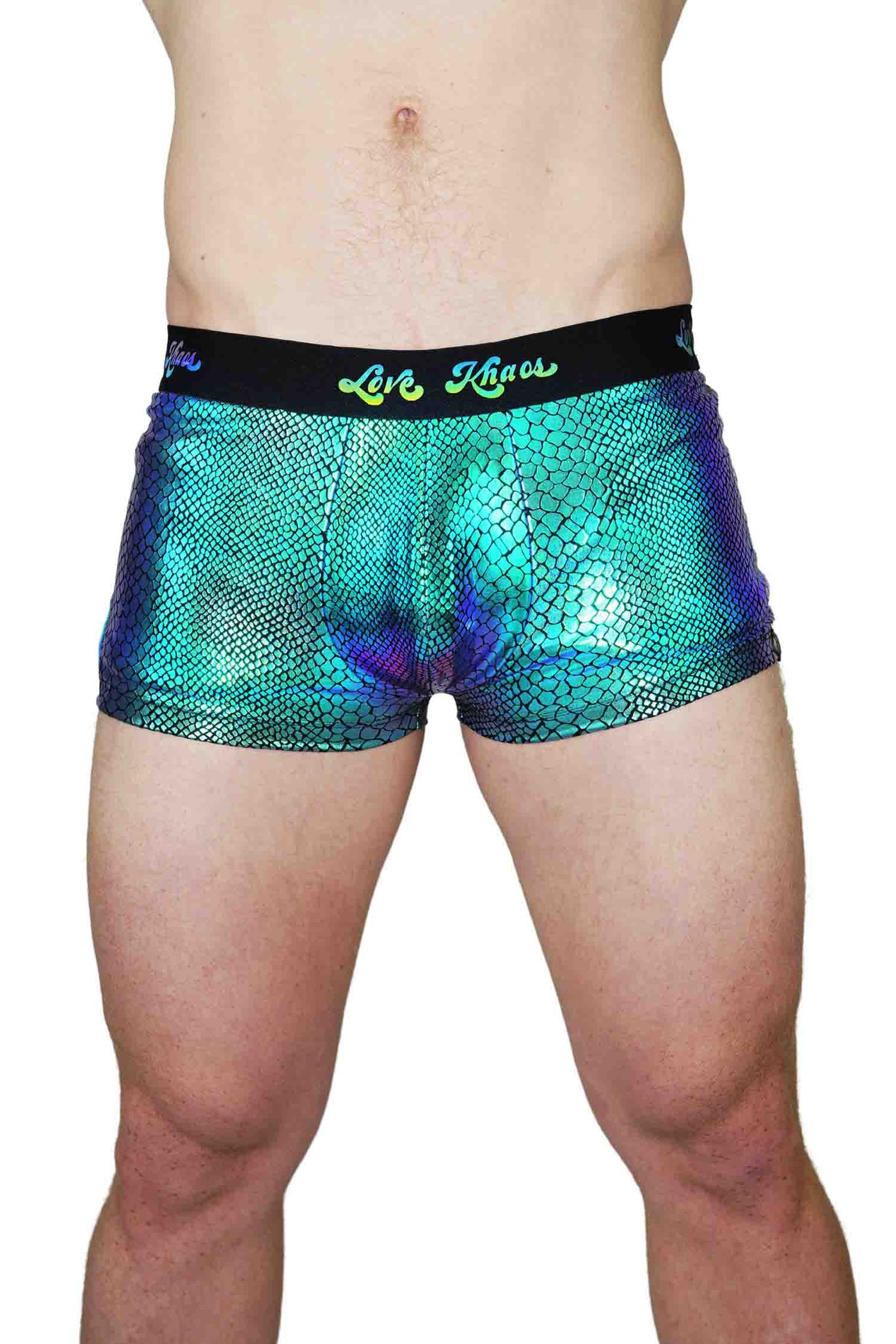 green snakeskin print booty shorts for guys from Love Khaos