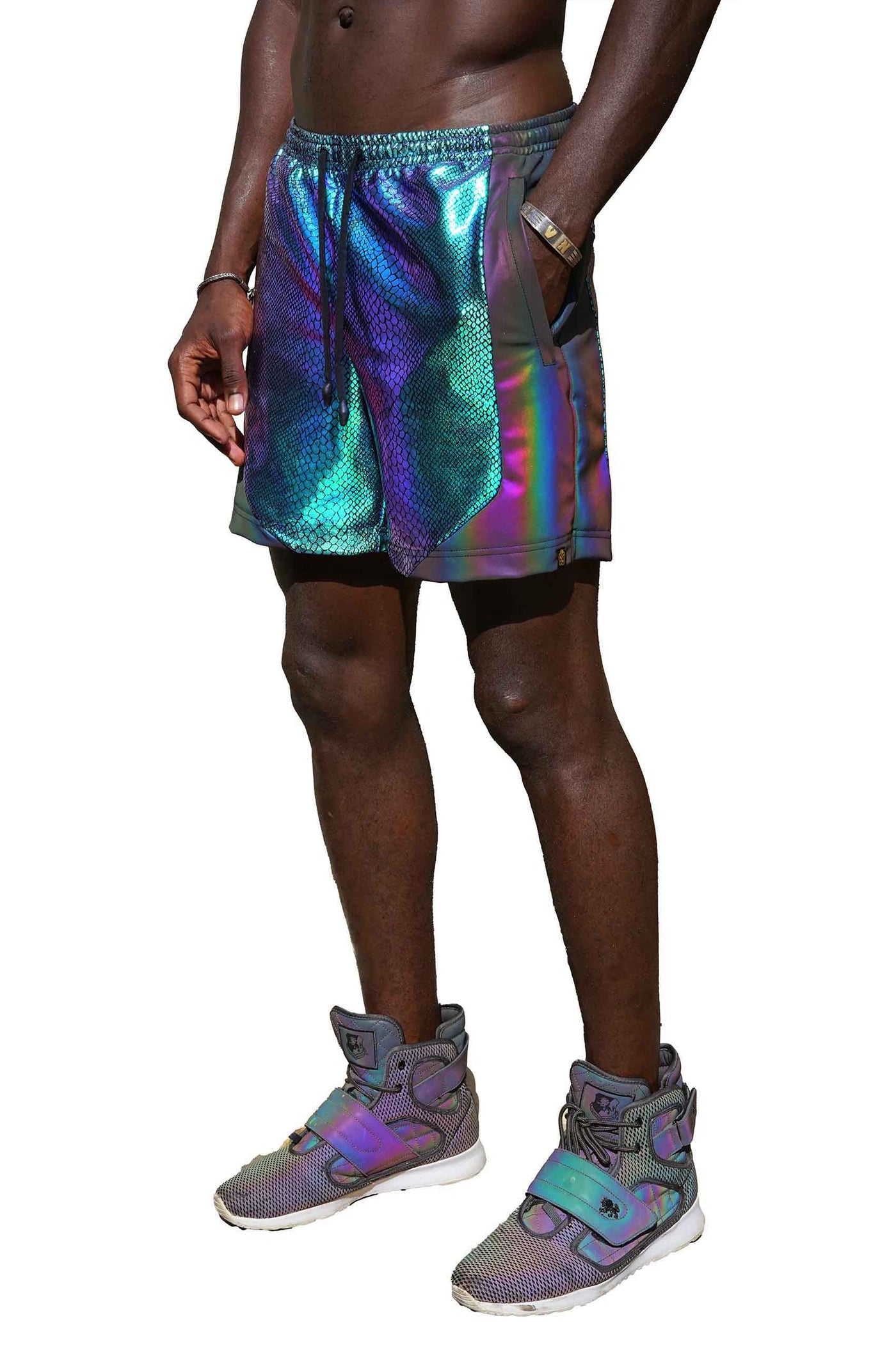 man wearing green rave shorts from Love Khaos