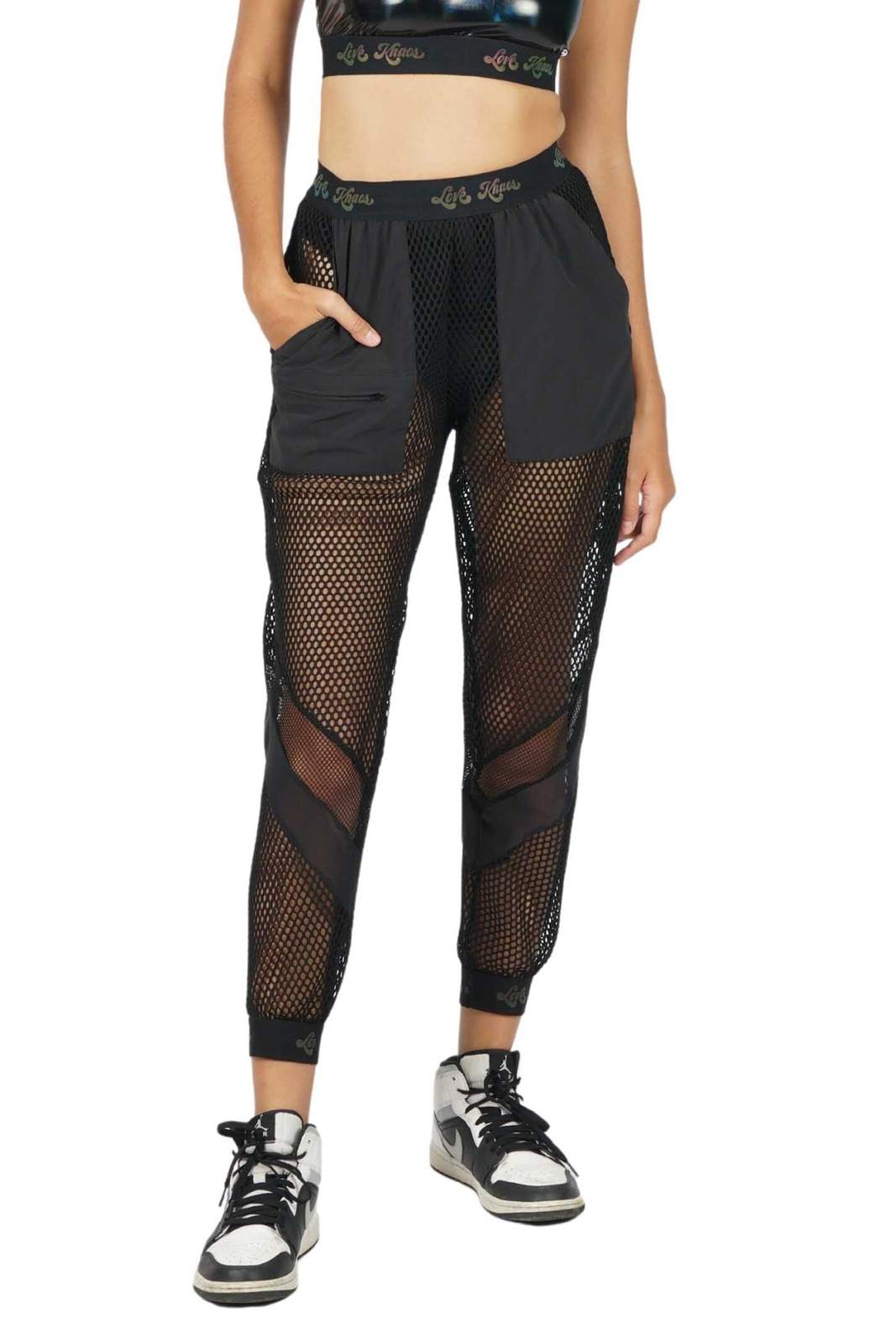 Black mixed mesh joggers with reflective elastic waistband from Love Khaos.