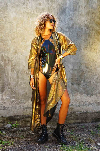 woman wearing a gold chiffon kimono from Love Khaos