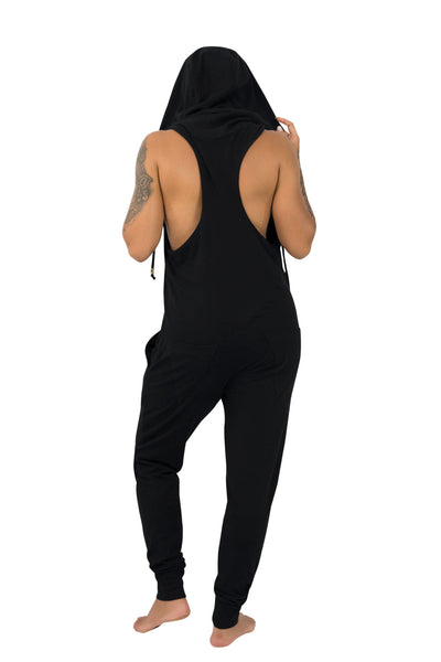 woman wearing a racerback hoodie jumpsuit from Ekoluxe