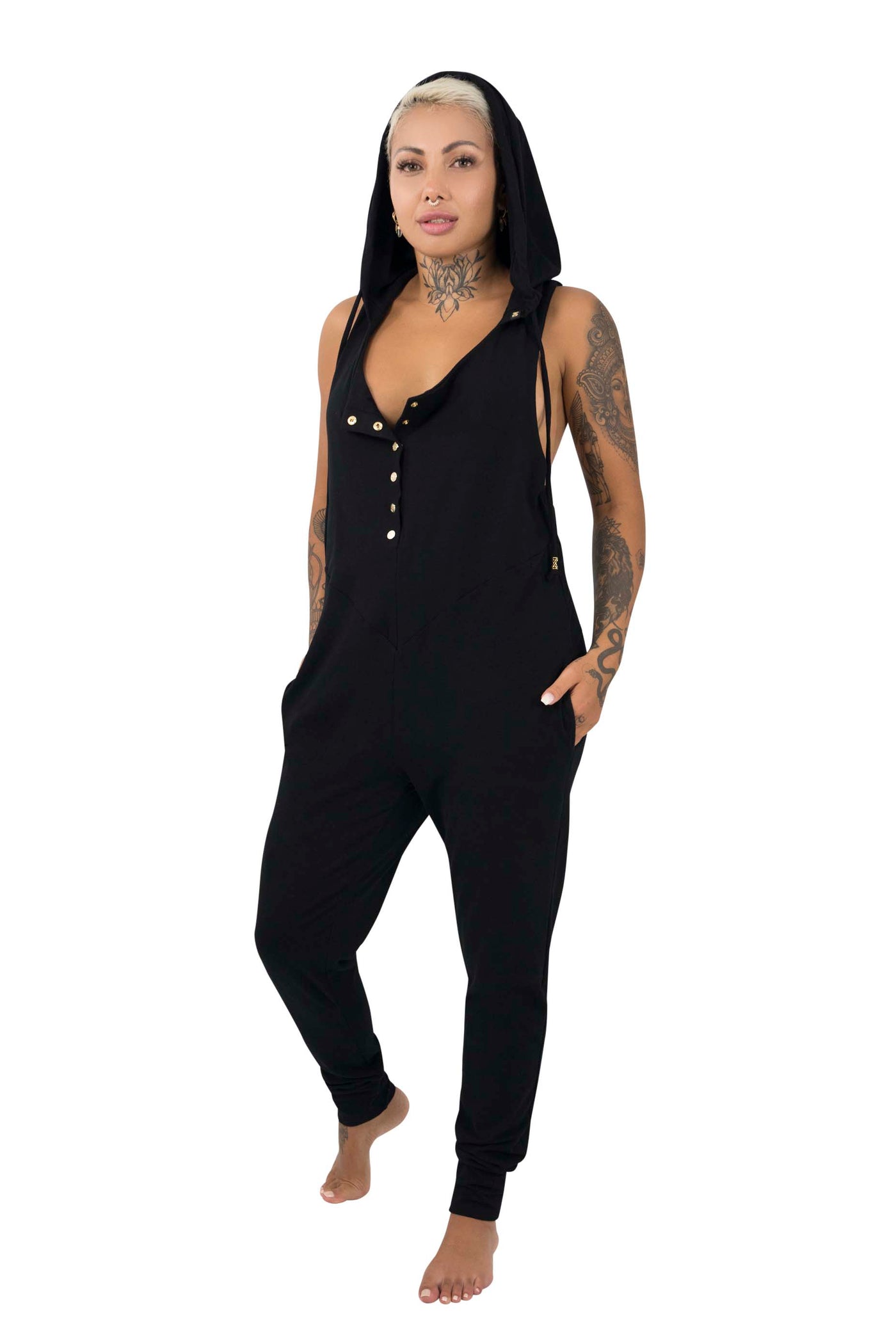 woman wearing a racerback hoodie jumpsuit from Ekoluxe