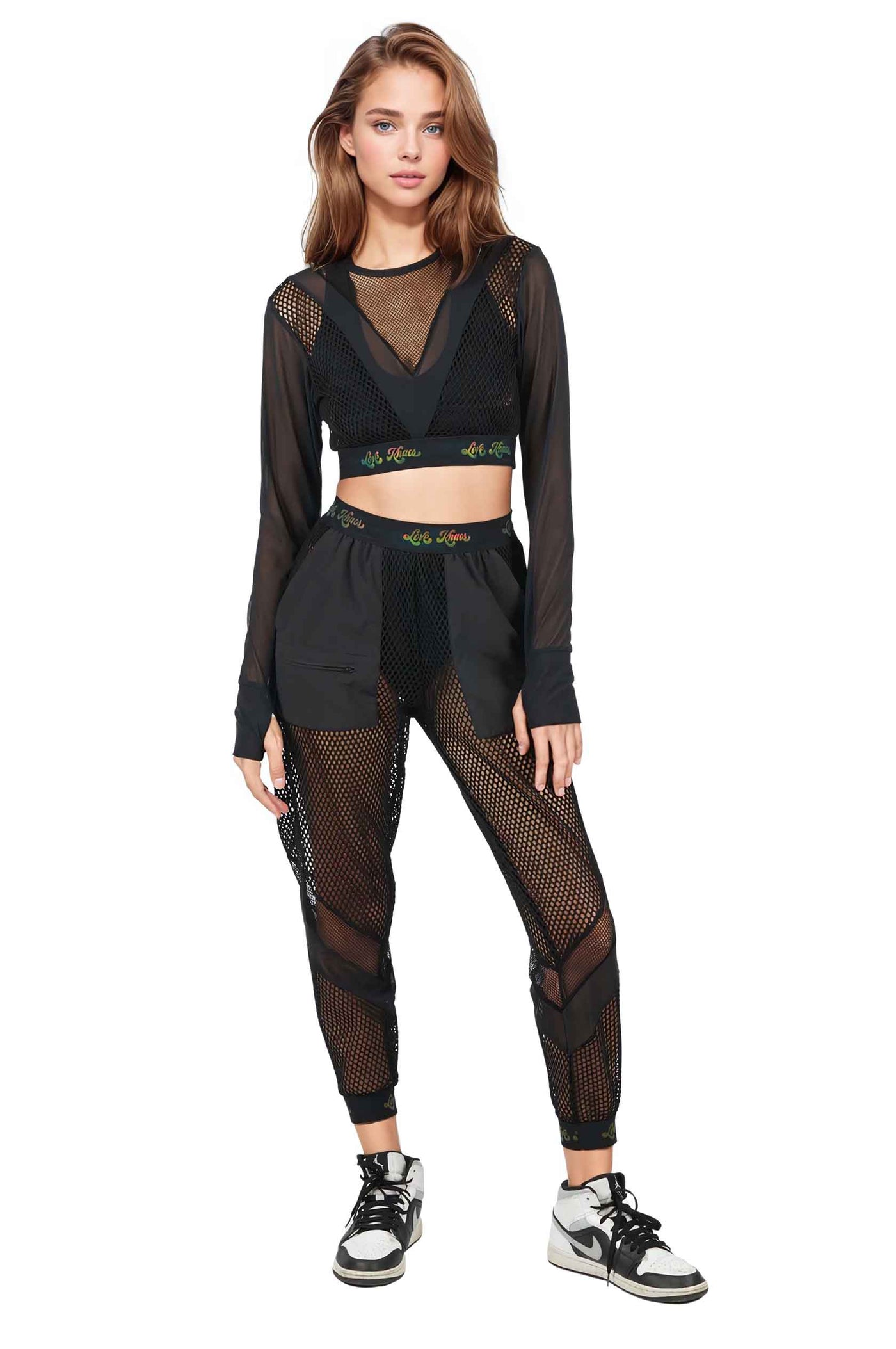 Womens black long sleeve mesh crop top with reflective elastic from Love Khaos.