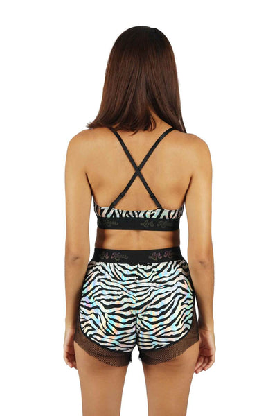 Holographic silver zebra print womens Dolphin Shorts from Love Khaos.