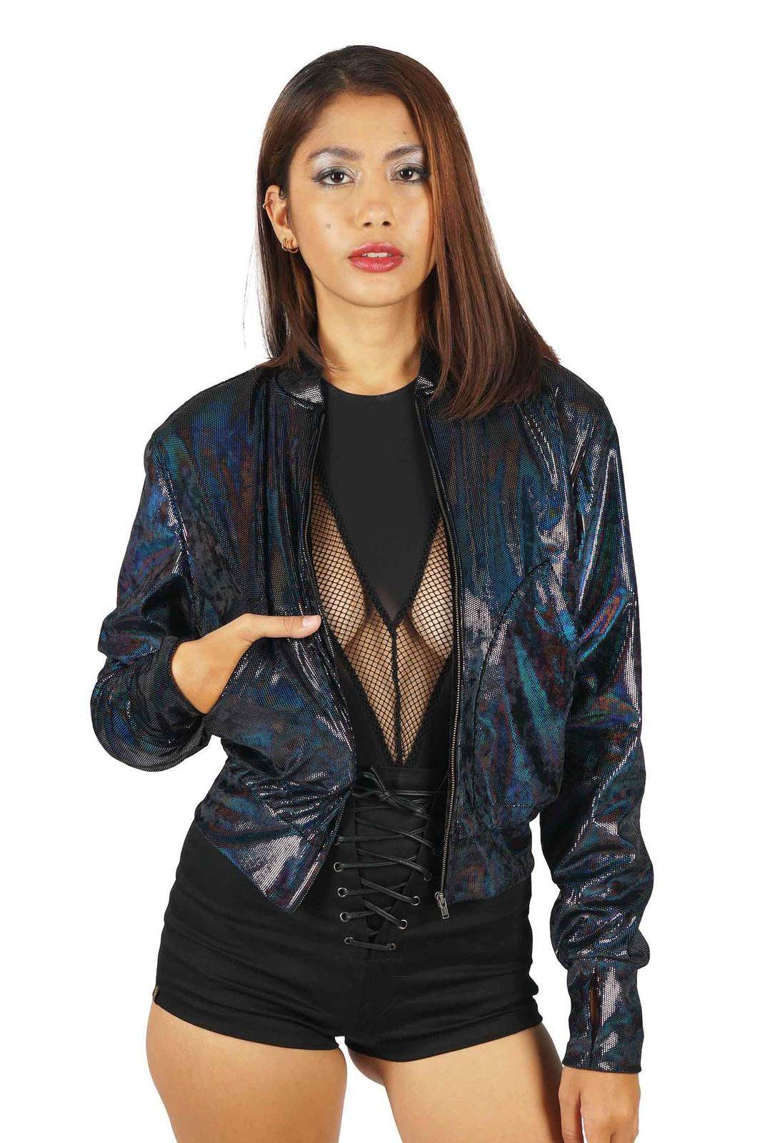 womens velvet bomber jacket in holographic black from Love Khaos