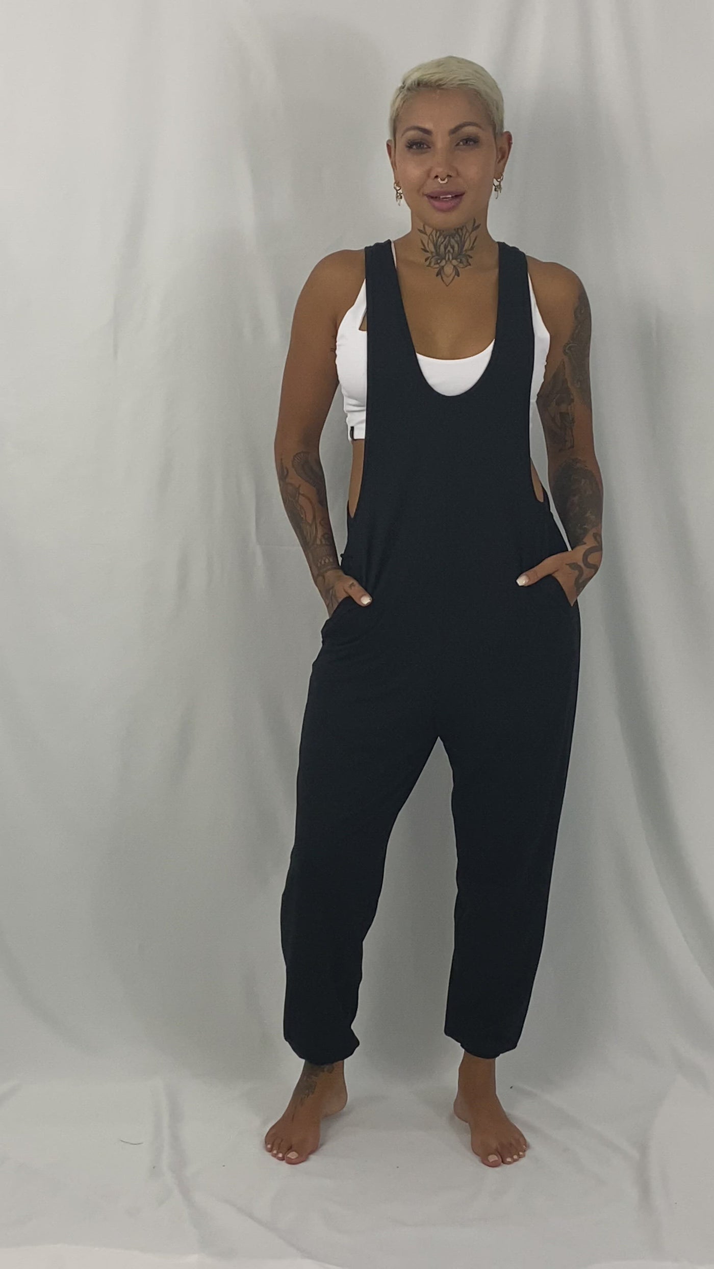 womens black lounge overalls by Ekoluxe sustainable streetwear