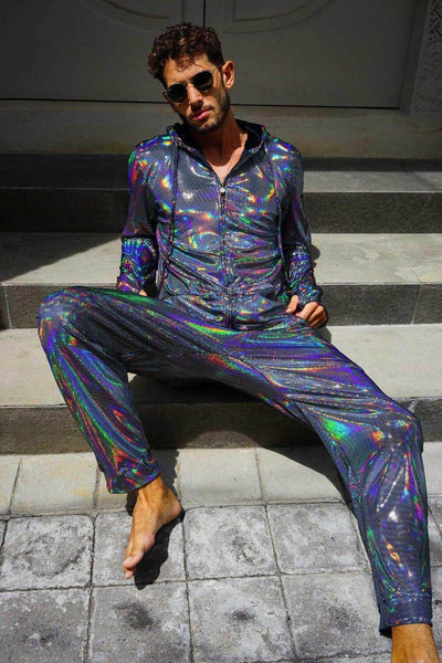 Holographic Velvet Adult Male Onesie with hood by Love Khaos for Festival wear, loungewear and Mens Rave Clothing