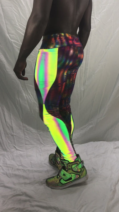 Rainbow reflective and holographic mens festival leggings by Love Khaos mens Festival clothing brand.
