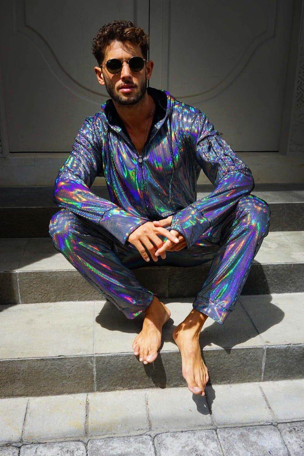 Holographic Velvet Adult Male Onesie with hood by Love Khaos for Festival wear, lounge wear and Mens Rave Clothing