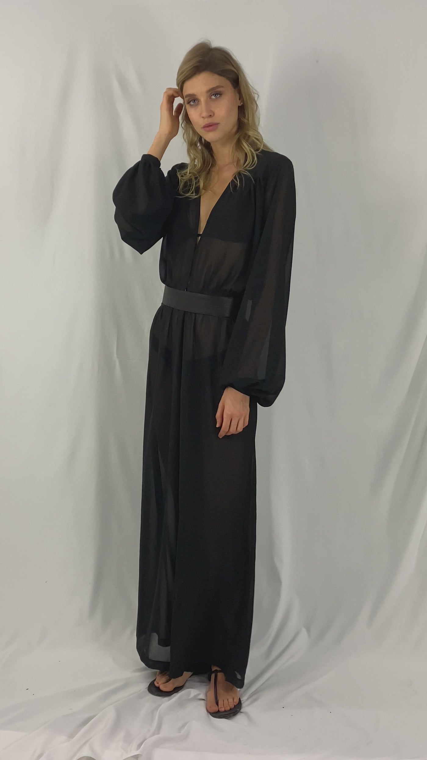 Oasis Sheer long sleeve Chiffon Jumpsuit in black Noir mesh from Love Khaos Resort Wear brand.