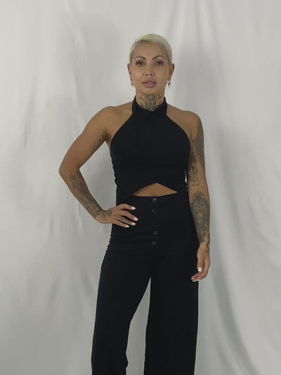 Black Halter Crop top and Wide Leg Lounge Pants by Ekoluxe ethical fashion brand