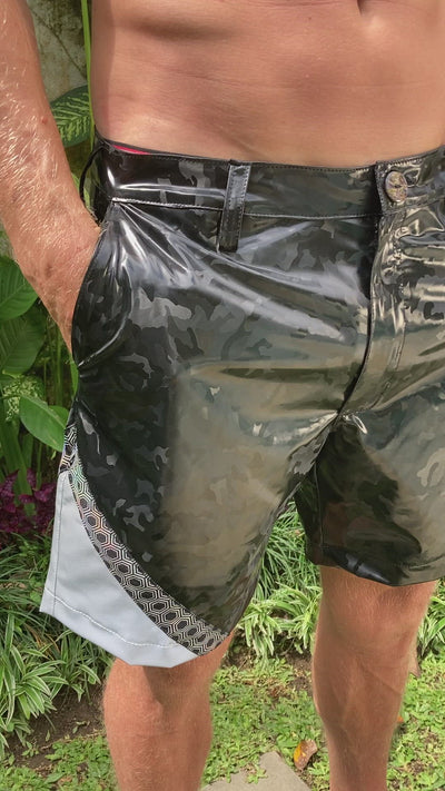 Mens Black Camo Shorts with reflective panel from Love Khaos Festival Clothing & Streetwear brand