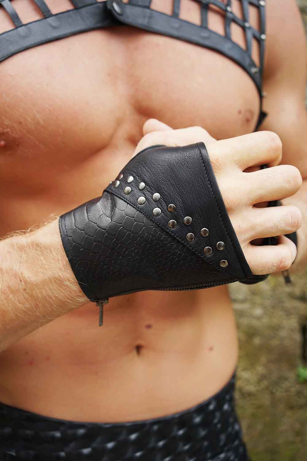 Anubis Mens Fingerless Leather Gloves from Love Khaos Festival Clothing brand