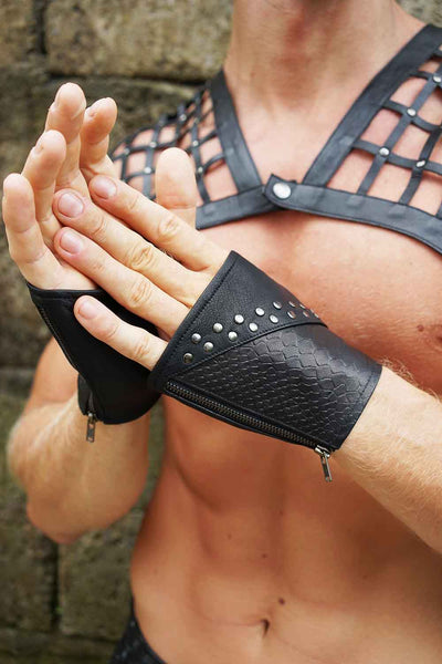 Anubis Mens Fingerless Leather Gloves from Love Khaos Festival Clothing brand