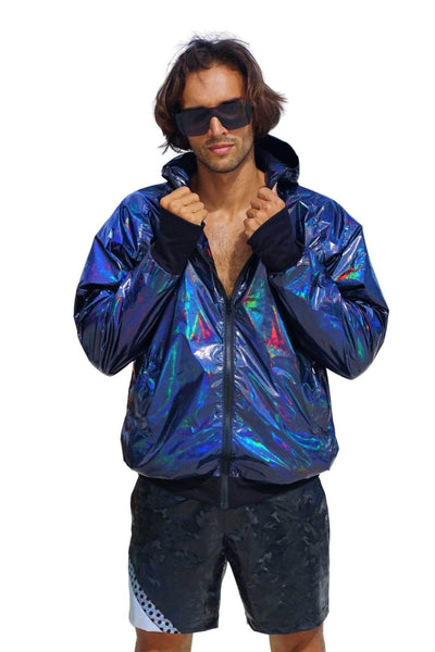 mens holographic waterproof festival jacket from Love Khaos street and rave wear brand