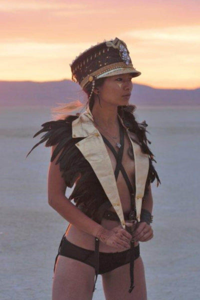 Gold Festival top with feathers for burning man by Love Khaos festival clothing