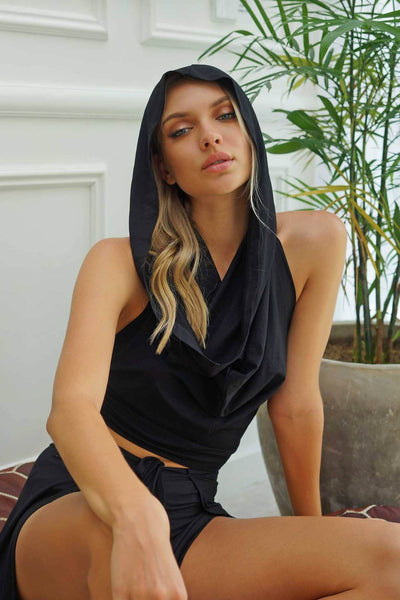 Cyprus Black Cowl Neck Halter Top from Ekoluxe sustainable loungewear brand