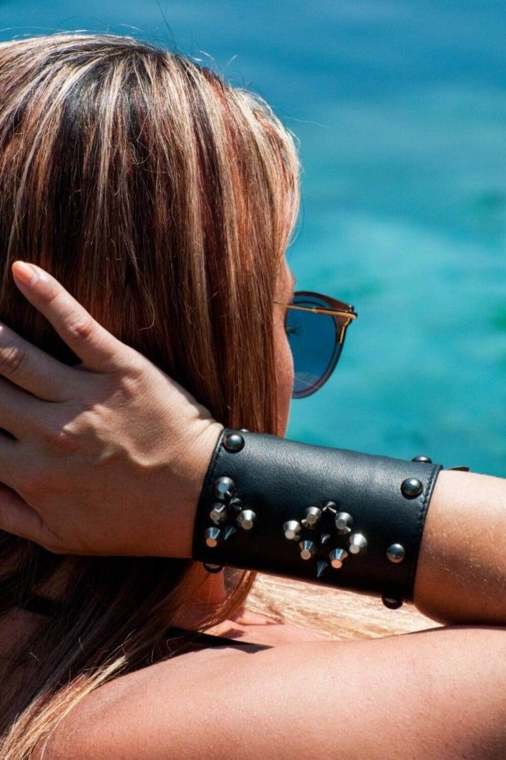 Studded Leather Cuff Bracelet, cybergoth leather cuff accessory with hidden pocket inside by Love Khaos
