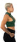 High neck crop top in army green worn with black harem pants made by Ekoluxe sustainable loungewear brand