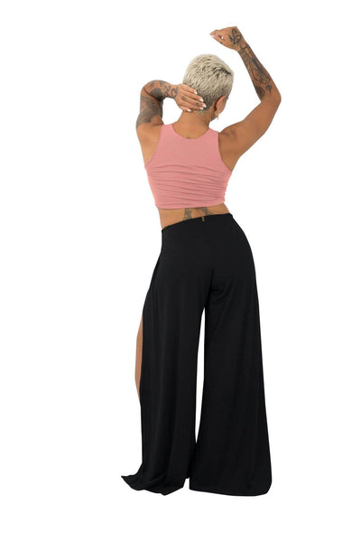 Pink cropped tank top and black palazzo pants made by Ekoluxe, a sustainable loungewear brand