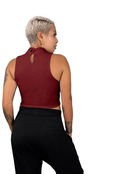Vino dark red v neck crop top and black pants made by Ekoluxe sustainable loungewear brand