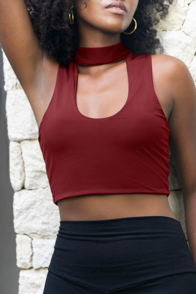 Dark red v neck crop top and high waisted black leggings made from eco friendly recycled plastic fabric by Ekoluxe sustainable loungewear brand