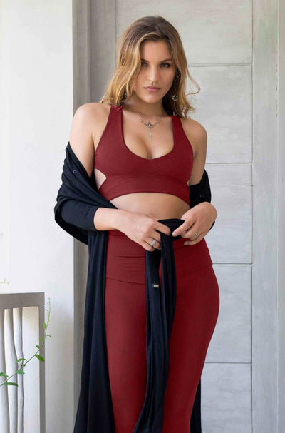 Dark Red Wine Colored Lounge Bra and high waisted leggings and black kimono from Ekoluxe sustainable loungewear brand.