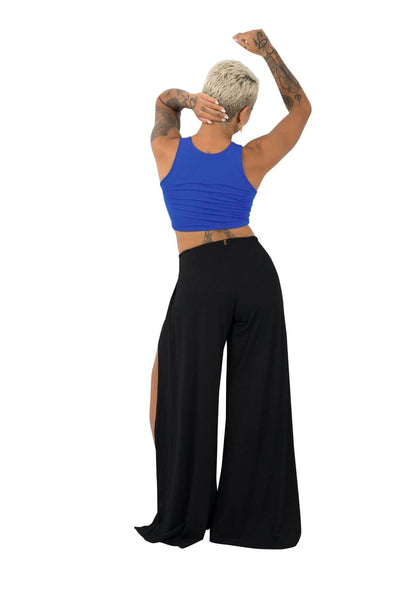 Cute cobalt blue crop top and black palazzo pants made by Ekoluxe sustainable loungewear brand