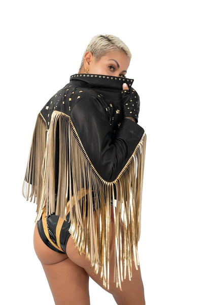 Womens black and gold studded Crop leather motorcycle jacket with stars & fringe by Love Khaos Festival Clothing brand.