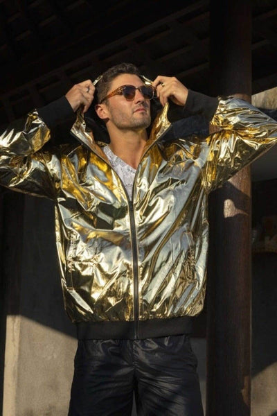 mens metallic gold windbreaker raincoat hoodie for festivals by Love Khaos