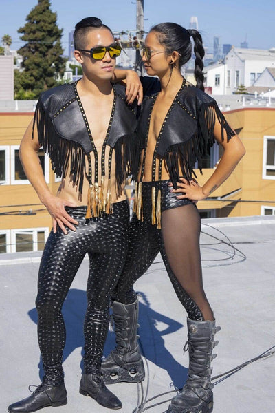 gender neutral black leather and holographic vinyl festival outfits by Love Khaos