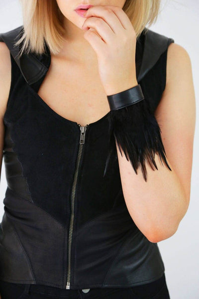 black leather bracelet cuff with feathers for festivals and costumes by Love Khaos