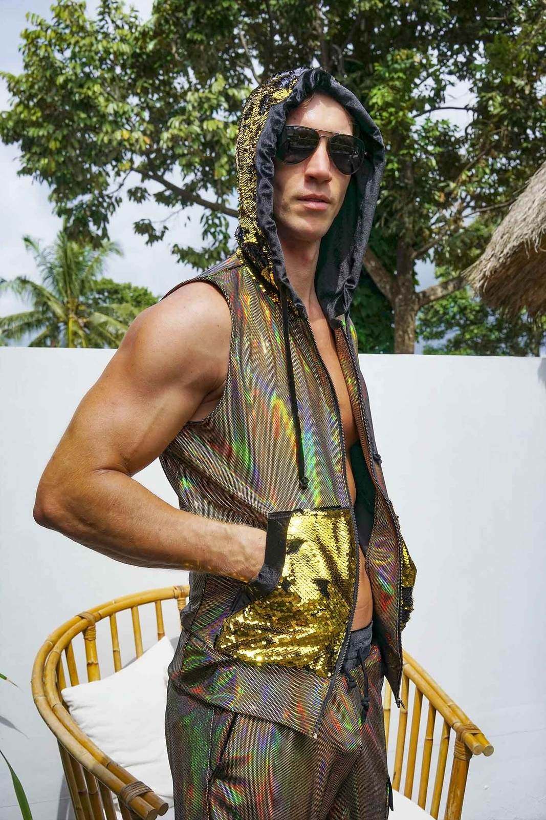 Fiesta Gold Mens Sleeveless Zip Hoodie from Love Khaos Rave Clothing website