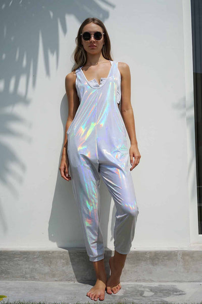 Frosted Womens Shiny Holographic Overalls from Love Khaos Festival Clothing Website