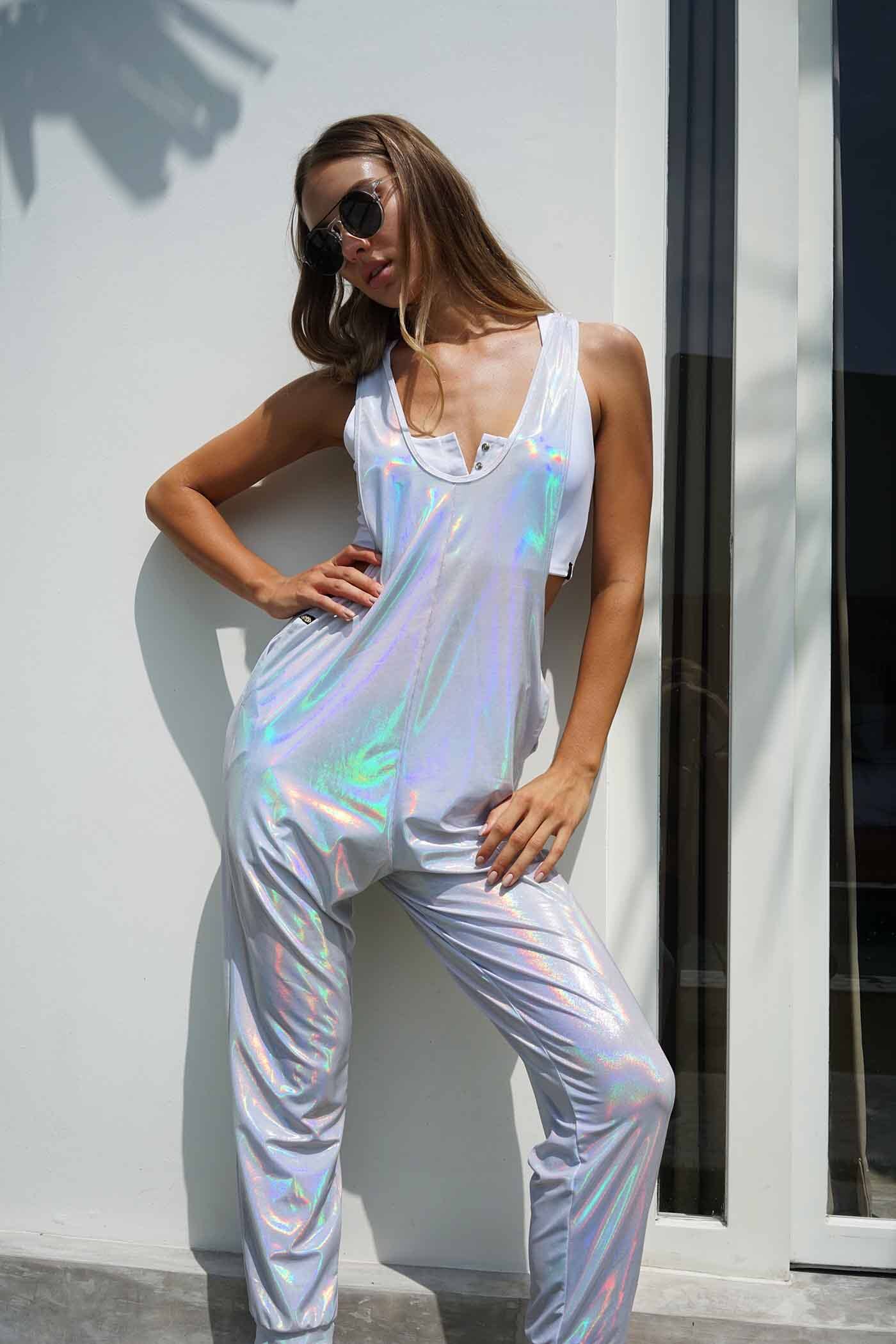 Frosted Womens Shiny Holographic Overalls From Love Khaos Festival Clothing Brand