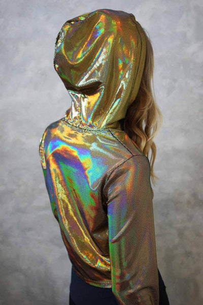 Holographic Gold Rush Cropped Pullover Sweatshirt from Love Khaos rave clothing website