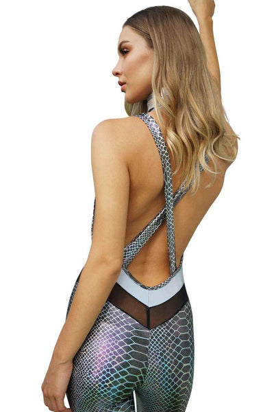High Voltage Silver Snakeskin Catsuit from Love Khaos Rave Clothing Website