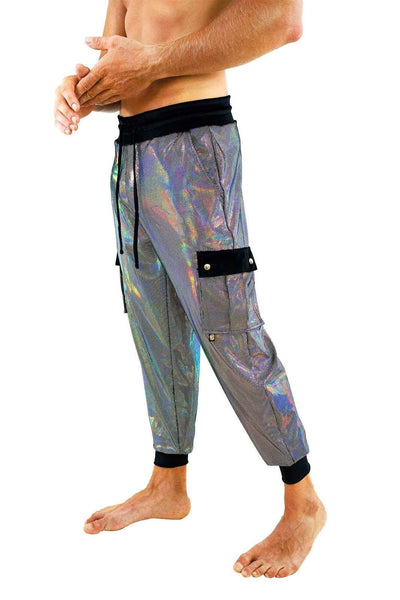 holographic velvet skinny cargo joggers for men from Love Khaos festival wear brand.