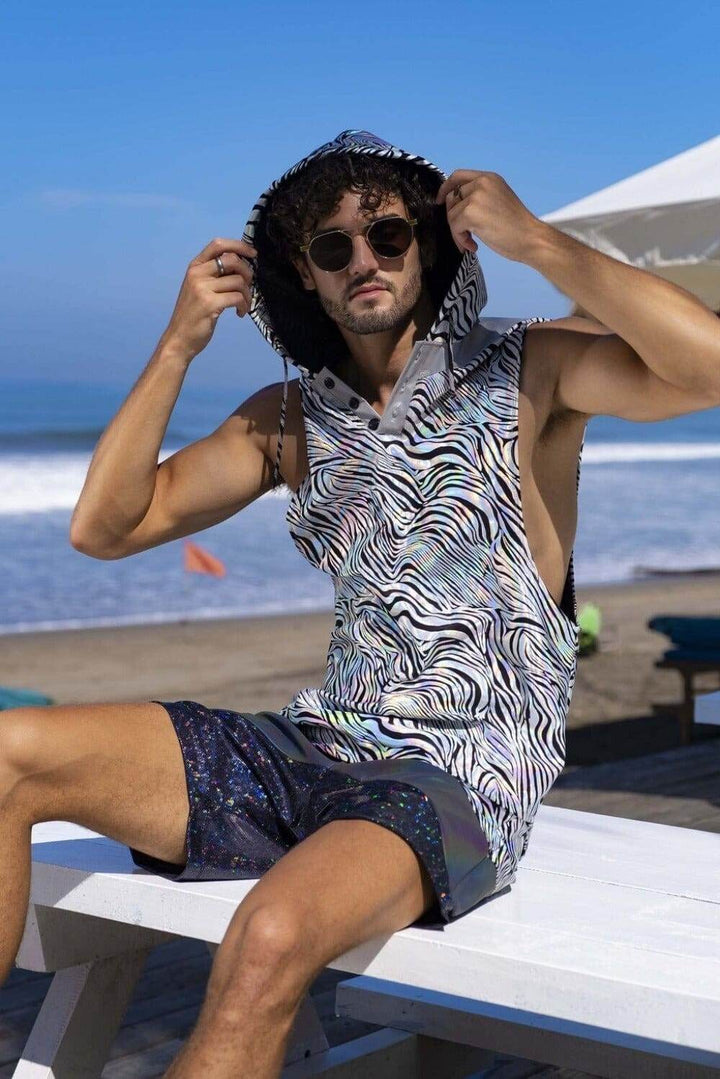 Mens Hooded Tank Top - Holographic Silver Zebra | Love Khaos