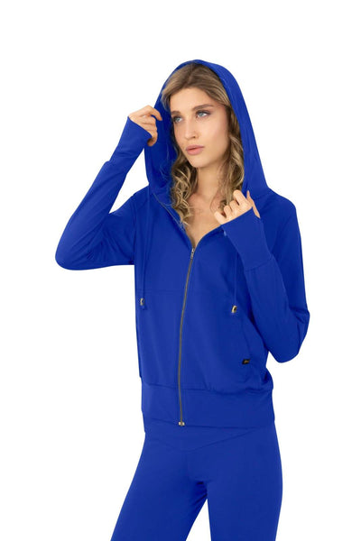 Lounge Hoodie and matching leggings in Cobalt, Dark Blue made from eco friendly recycled plastic fabric by Ekoluxe, a sustainable loungewear brand