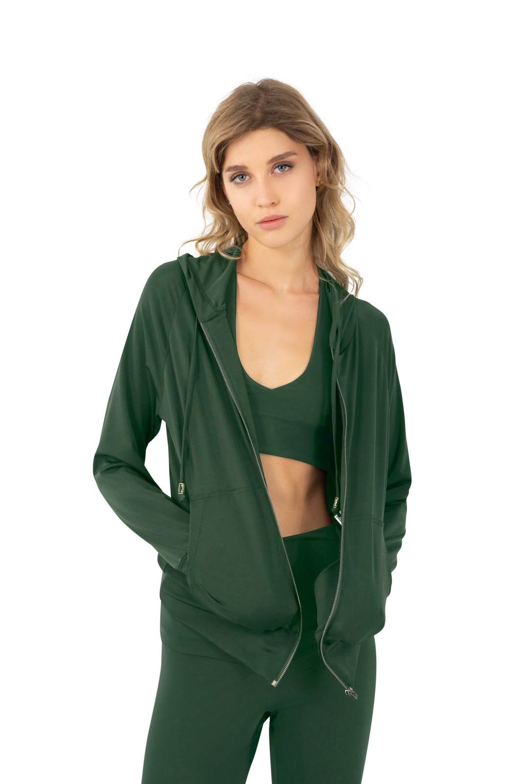 Eco friendly Hoodie with matching leggings and bralette crop top in army green made from eco friendly recycled plastic fabric by Ekoluxe, a sustainable loungewear brand