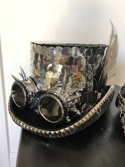 Custom Silver Top hat style Festival Hat for burning man by Love Khaos Festival Clothing