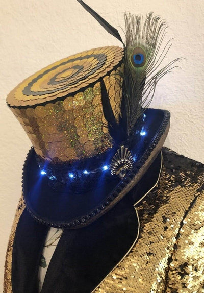 Custom Holographic Gold LED Top hat style Festival Hat for burning man by Love Khaos Festival Clothing